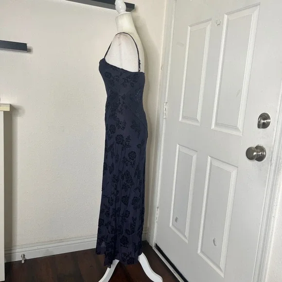 Trixxi Floral Burnout Velvet Maxi Dress M Navy Blue Asymmetrical Hem Whimsigoth - Picture 2 of 14